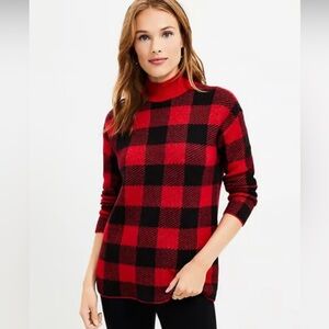 Loft Women Buffalo Plaid Turtleneck Tunic Sweater Holiday light weight Size S